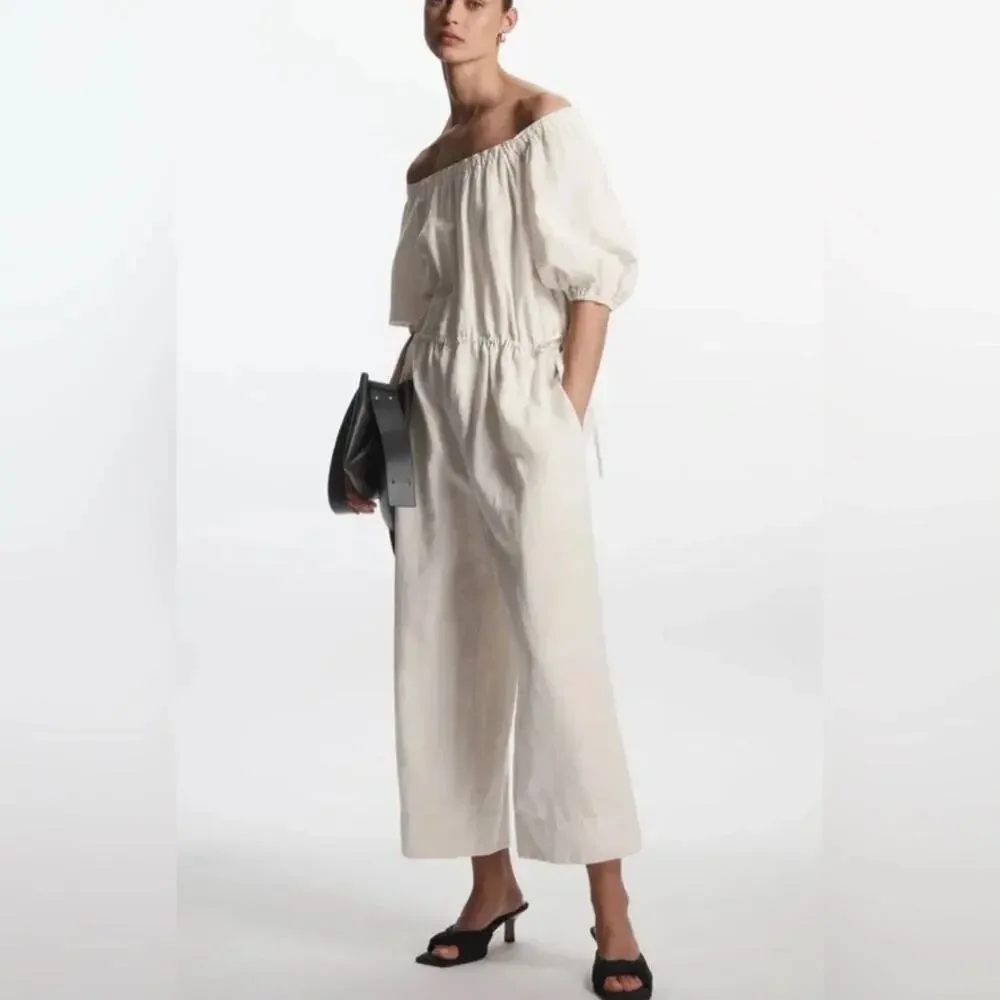 COS Puff-Sleeve Linen Blend Oversized Wide Leg Jumpsuit Large NWT